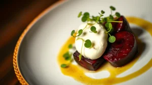 Close-up of artfully plated seasonal vegetable dish with charred beet, micro greens, whipped cheese, and hazelnut oil drizzle, professional fine dining plating, shallow depth of field, warm lighting
