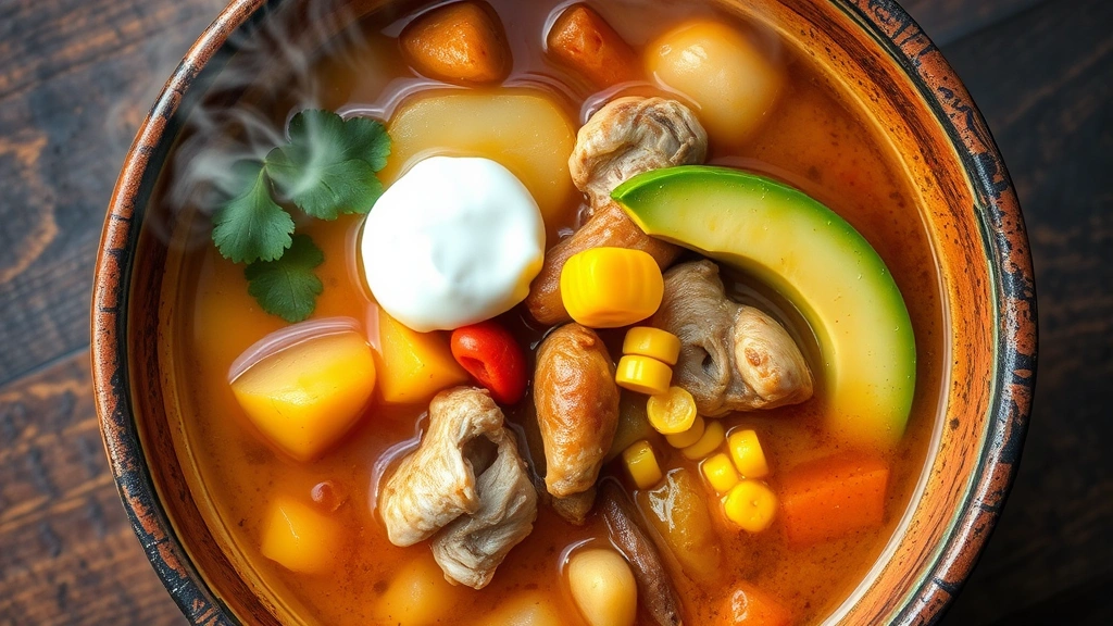 Overhead view of steaming bowl of ajiaco soup with three potato varieties, chicken, corn, avocado slices, and sour cream dollop, vibrant colors, rustic ceramic bowl, natural daylight