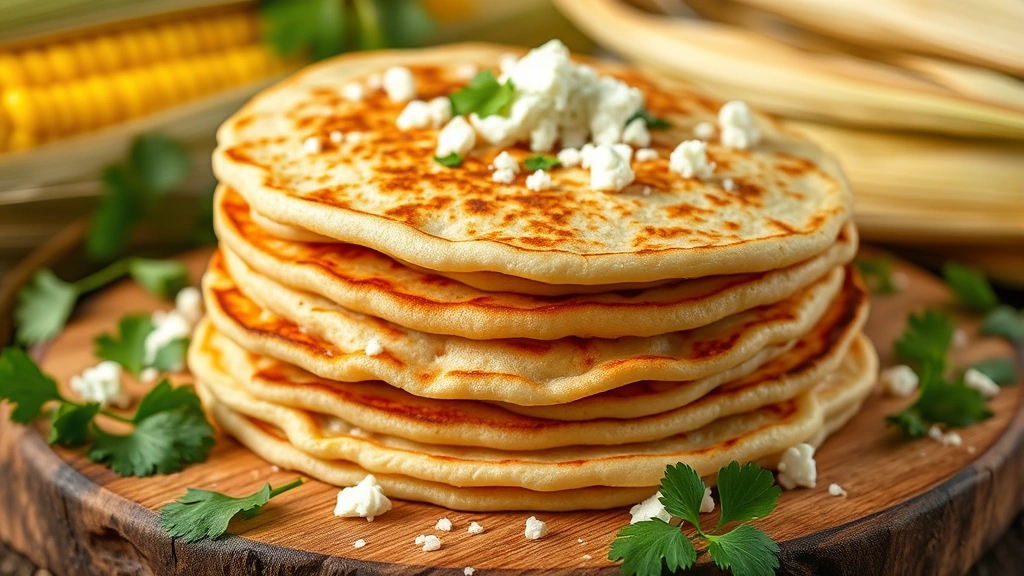 Freshly grilled Colombian arepas stacked on wooden board with queso fresco crumbles, golden-brown exterior, steam rising, surrounded by fresh ingredients like corn husks and cilantro sprigs