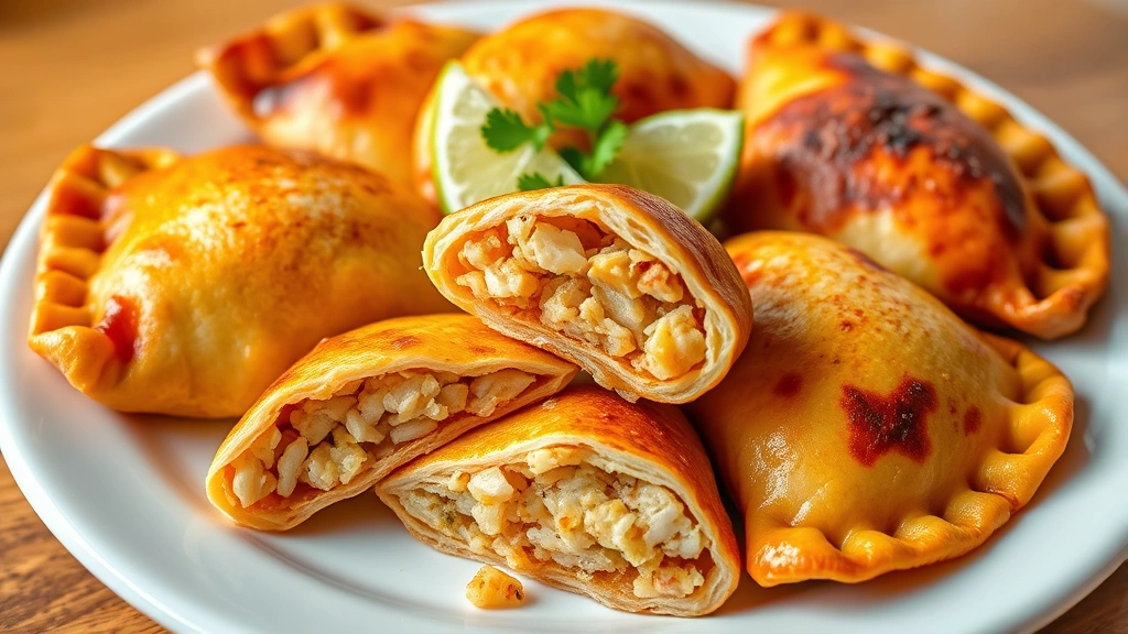 Colorful array of Colombian empanadas on white plate with golden-crispy exterior, cross-section showing filling, served with lime wedges and cilantro garnish, warm lighting highlighting texture
