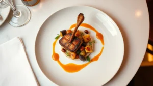 Overhead shot of an elegantly plated fine dining dish with roasted protein, seasonal vegetables, and artistic sauce presentation on white porcelain, warm restaurant lighting reflecting off plate