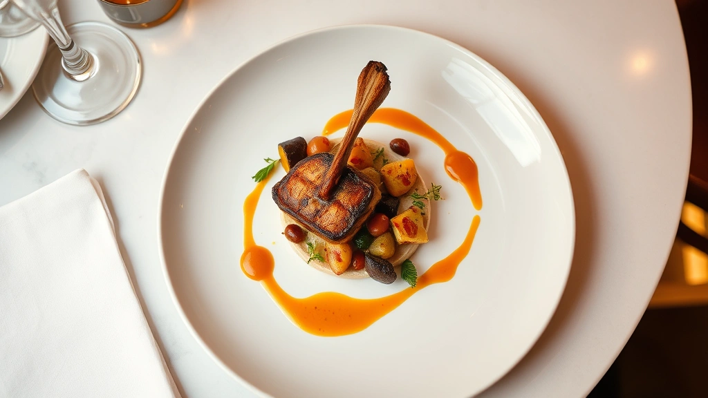 Overhead shot of an elegantly plated fine dining dish with roasted protein, seasonal vegetables, and artistic sauce presentation on white porcelain, warm restaurant lighting reflecting off plate