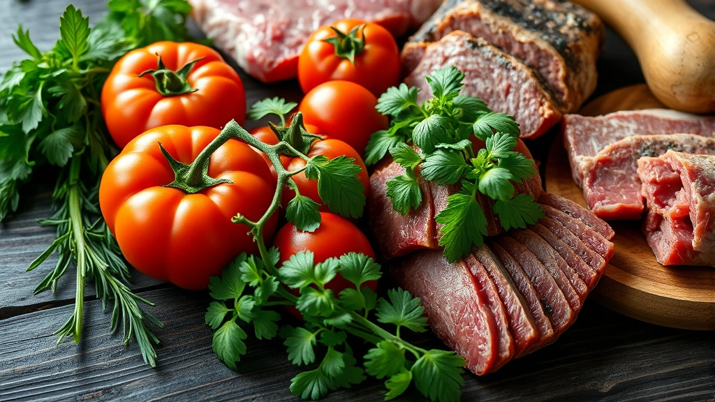 Close-up of vibrant fresh ingredients including heirloom tomatoes, fresh herbs, quality cuts of meat, and artisanal produce arranged on dark wooden surface with natural lighting