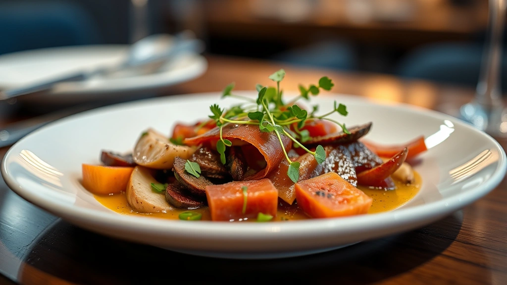 Close-up of artfully plated Spanish dish with jamón ibérico, seasonal vegetables, and microgreens on white porcelain, professional restaurant plating, warm lighting, shallow depth of field, fine dining presentation