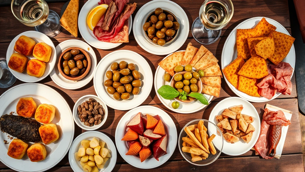 Overhead shot of Madrid tapas bar spread featuring croquetas, olives, cured meats, seafood, and small ceramic plates with wine glasses, natural afternoon light, rustic wooden counter, authentic Spanish atmosphere