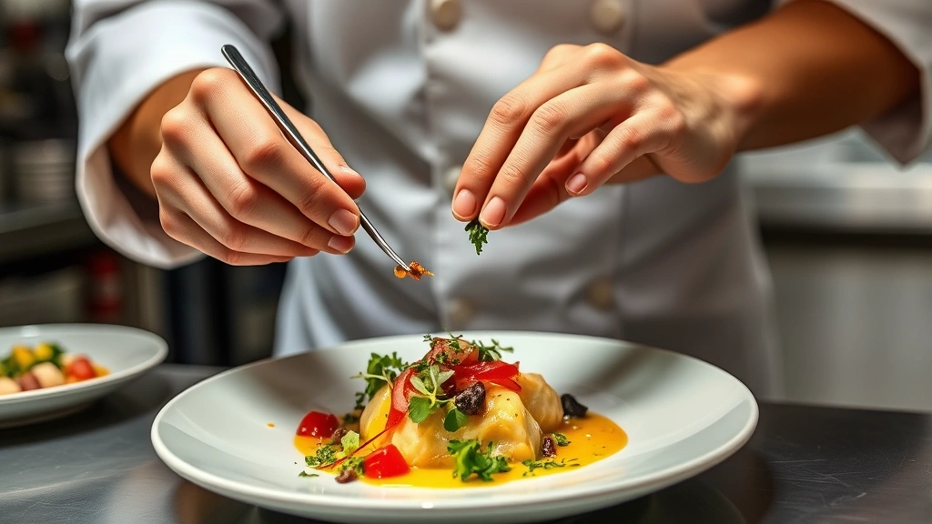 Chef's hands carefully plating a contemporary dish with tweezers, adding final garnishes to a deconstructed composition, kitchen environment, focused professional technique, vibrant ingredient colors, culinary artistry