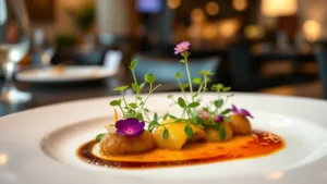 Artfully plated fine dining dish with microgreens, edible flowers, and geometric sauce presentation on white ceramic plate, professional restaurant lighting, shallow depth of field