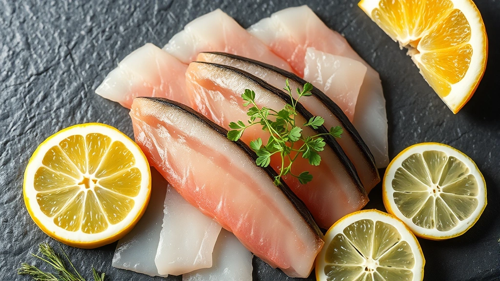 Fresh raw seafood crudo arrangement featuring translucent fish slices, citrus segments, microgreens, and delicate herb garnish on slate, natural daylight, minimalist composition