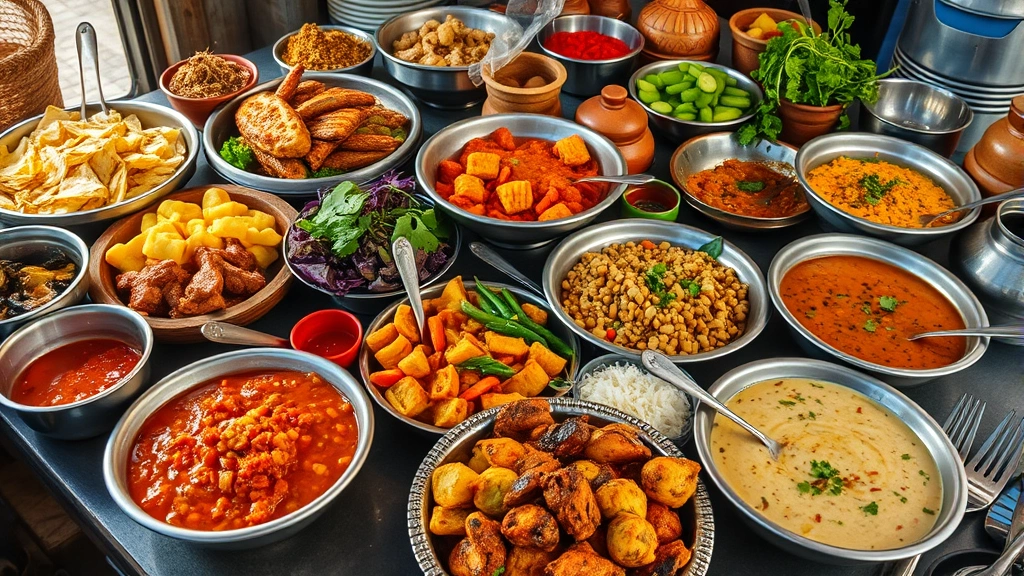 Vibrant global street food spread including colorful curries, grilled proteins, fresh vegetables, aromatic spices, and traditional serving vessels, warm natural lighting, rustic presentation