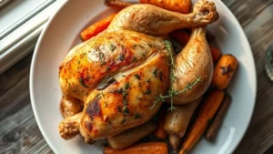 Overhead view of herb-roasted chicken with crispy golden skin, roasted root vegetables including carrots and parsnips with caramelized edges, fresh thyme garnish, rustic white plate, warm natural lighting from window
