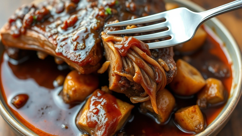 Close-up of slow-braised short ribs with glossy, rich sauce, tender meat pulling from bone, roasted vegetables in sauce, fork testing meat texture, warm amber lighting, wooden table surface