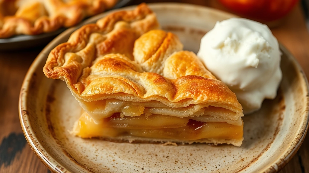 Overhead shot of homemade apple pie slice with flaky, layered crust, vanilla ice cream melting on side, fresh apple filling visible, rustic ceramic plate, warm bakery-style lighting, cozy background