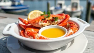Fresh whole Dungeness crab steaming in white porcelain dish with melted clarified butter in small ramekin, garnished with fresh parsley and lemon wedges, harbor view blurred background