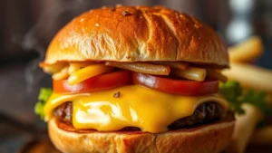 Close-up of a perfectly toasted buttered bun on a ButterBurger with melted Wisconsin cheese and fresh toppings, steam rising, golden crispy edges visible, professional food photography with warm lighting