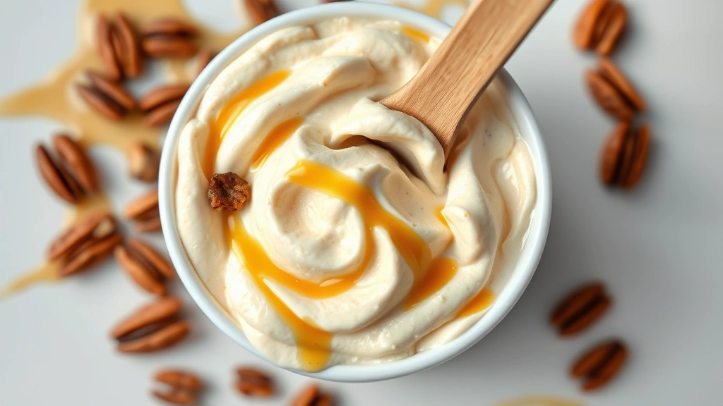 Overhead shot of a cup of Culver's frozen custard with a wooden spoon, swirled texture visible, rich creamy surface, scattered pecans and caramel drizzle, soft natural daylight, vibrant colors
