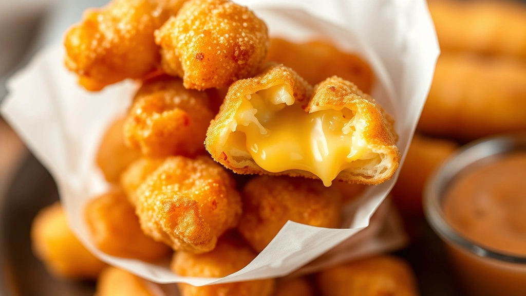 Crispy golden cheese curds stacked on a white paper cone, breaded exterior glistening, one cut open revealing stretchy melted cheese interior, served with dipping sauce, appetizing close-up photography