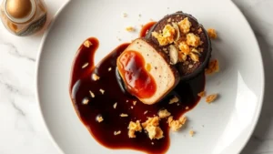 Overhead view of plated foie gras terrine with silky balsamic reduction, toasted brioche crumbles, and fresh truffle shavings on white ceramic plate against marble surface, professional fine dining plating