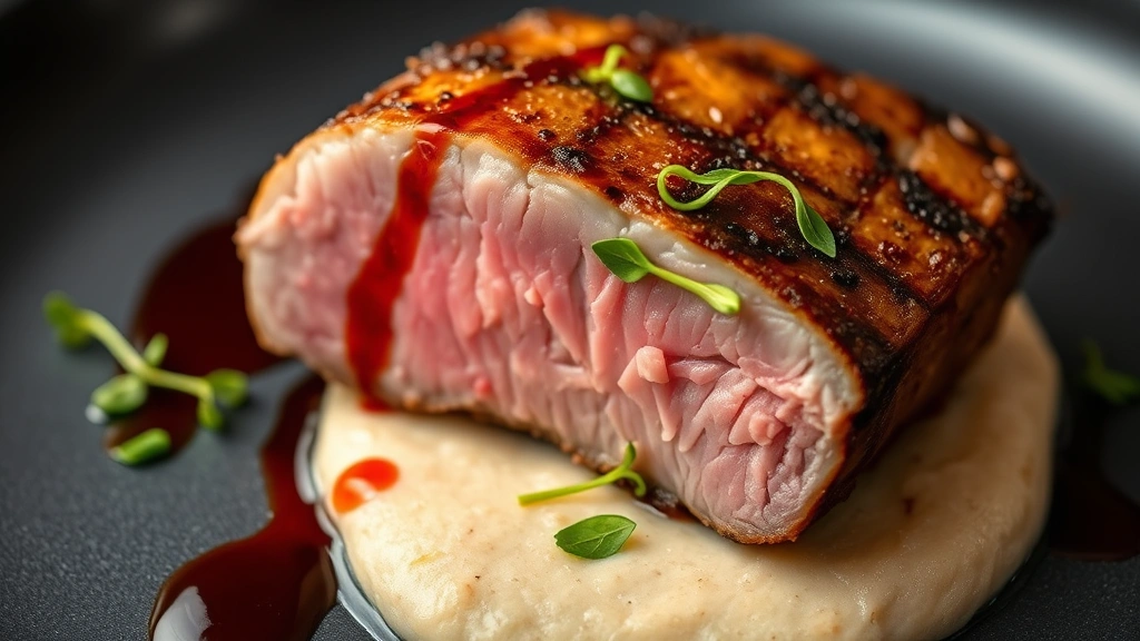 Close-up of perfectly seared duck breast showing crispy rendered skin with rosy medium-rare interior, cherry gastrique drizzle, celery root purée, and microgreens, restaurant quality presentation on dark plate