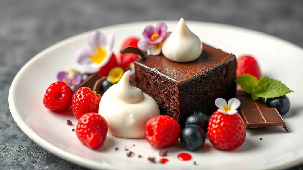 Artfully composed dessert plate featuring dark chocolate cake with silky texture, fresh berries, vanilla cream quenelle, edible flowers, and chocolate shards arranged with professional precision on white porcelain