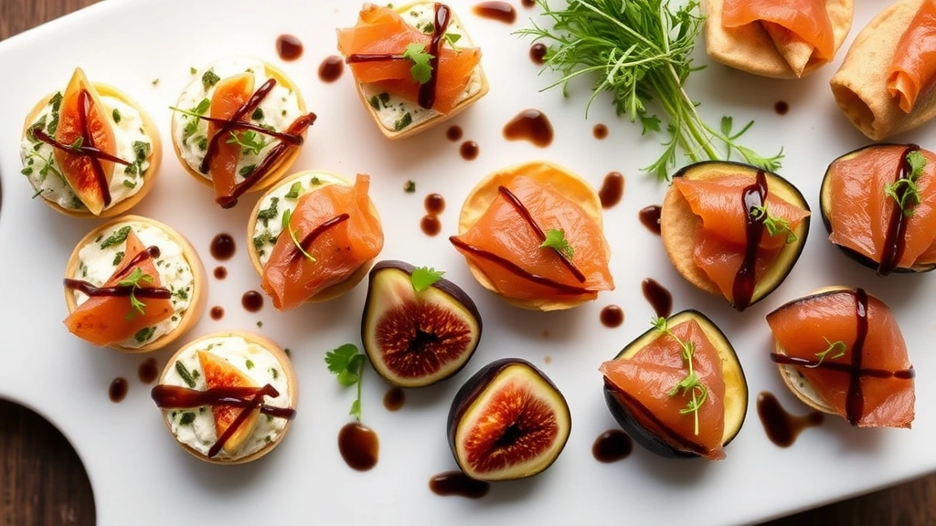 Overhead shot of elegant catering appetizer platter featuring herb-crusted goat cheese bites, crispy wontons, prosciutto-wrapped figs, and smoked salmon canapés arranged artfully with microgreens and balsamic reduction drizzle on white ceramic serving board