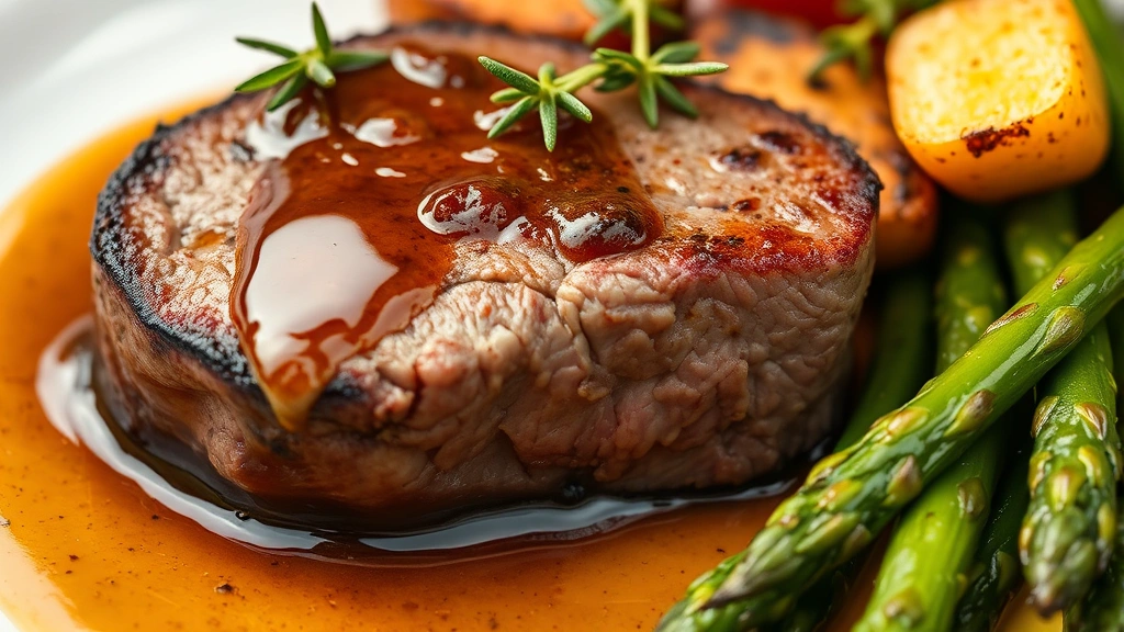 Close-up detail of perfectly seared beef tenderloin medallion with glossy pan sauce, garnished with fresh thyme sprigs, accompanied by roasted root vegetables and asparagus showing vibrant color and proper texture