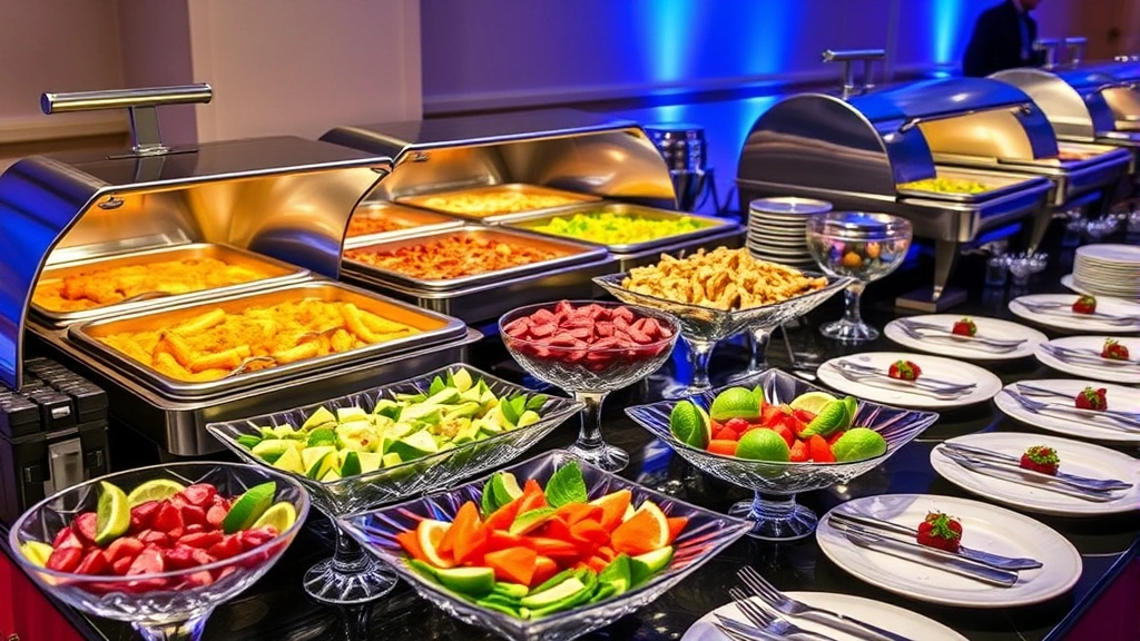Buffet-style catering presentation showcasing organized food stations with hot entrées in chafing dishes, fresh salads in crystal bowls, sides in elegant serving vessels, and garnished plates ready for guests at an event