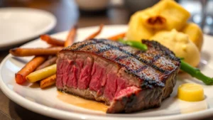Perfectly seared steak with caramelized crust, medium-rare center, accompanied by roasted seasonal vegetables and buttered potatoes on white plate, professional plating, warm restaurant lighting, close-up food photography