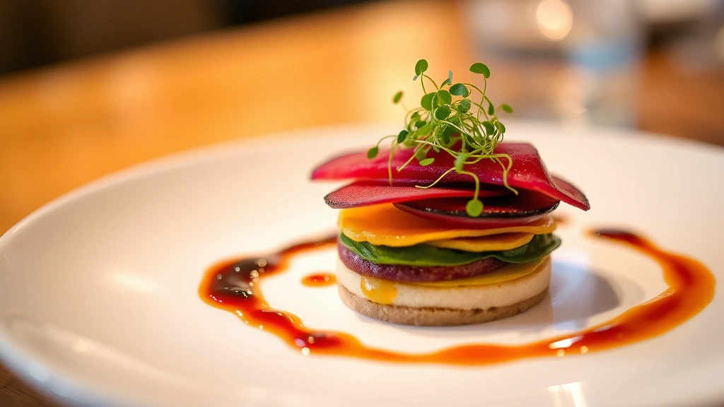 Elegant plated appetizer featuring layered components with vibrant colors, microgreens garnish, artistic sauce drizzle, fine dining presentation, shallow depth of field, warm ambient light, culinary sophistication