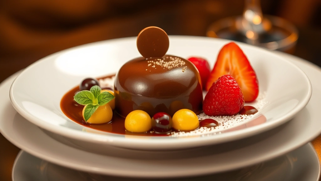 Gourmet dessert plate with house-made chocolate creation, fresh fruit components, elegant plating on white ceramic, fine dining presentation, warm golden lighting, close-up perspective, sophisticated composition