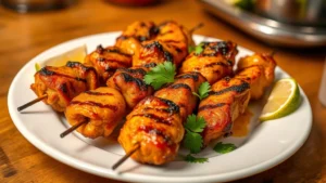 Golden-brown tandoori chicken skewers with charred edges, glistening with moisture, arranged on white ceramic plate with fresh lime wedges and cilantro garnish, warm kitchen lighting