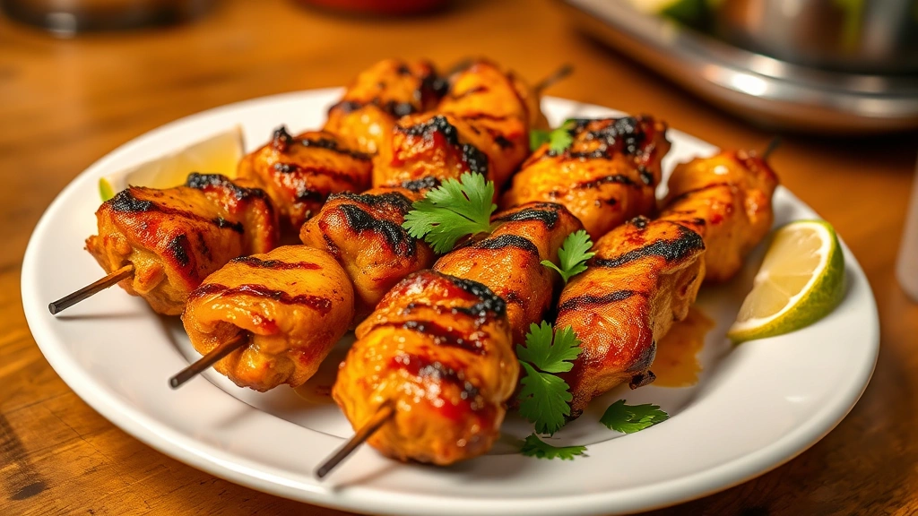 Golden-brown tandoori chicken skewers with charred edges, glistening with moisture, arranged on white ceramic plate with fresh lime wedges and cilantro garnish, warm kitchen lighting