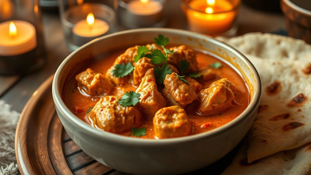 Steaming bowl of rich butter chicken curry with creamy tomato sauce, tender chicken pieces, fresh cilantro garnish, soft naan bread alongside, warm candlelit ambiance reflecting in ceramic