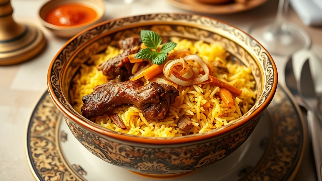 Ornate ceramic bowl of saffron-infused biryani rice with tender lamb, fragrant whole spices visible, topped with crispy fried onions and fresh mint leaves, elegant table setting background