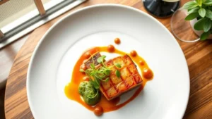 Overhead shot of a beautifully plated fine dining dish with microgreens, sauce artistry, and perfectly seared protein on white ceramic plate with soft natural window lighting