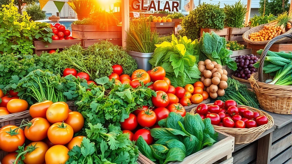 Vibrant farmers market scene with seasonal produce—heirloom tomatoes, fresh herbs, leafy greens, and root vegetables arranged in wooden crates and baskets, golden hour sunlight