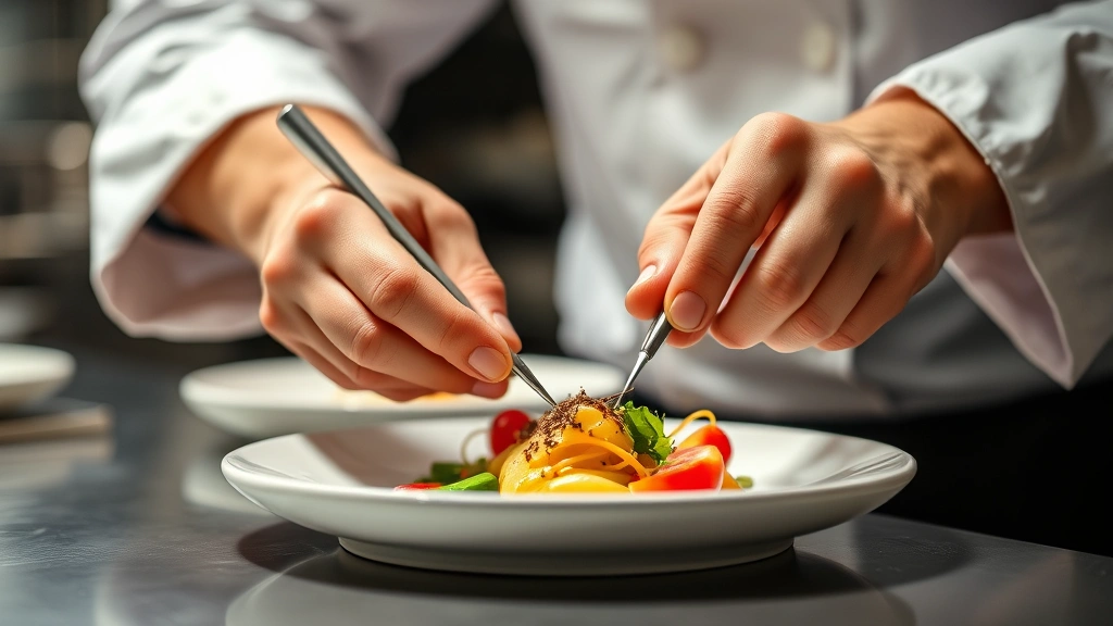 Close-up of chef's hands carefully plating food with tweezers and precision, showing technique and attention to detail in professional kitchen environment with blurred background