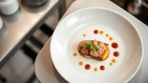 Overhead shot of an elegantly plated fine dining dish with microgreens, sauce dots, and premium protein on white porcelain, soft natural lighting, restaurant kitchen blurred background