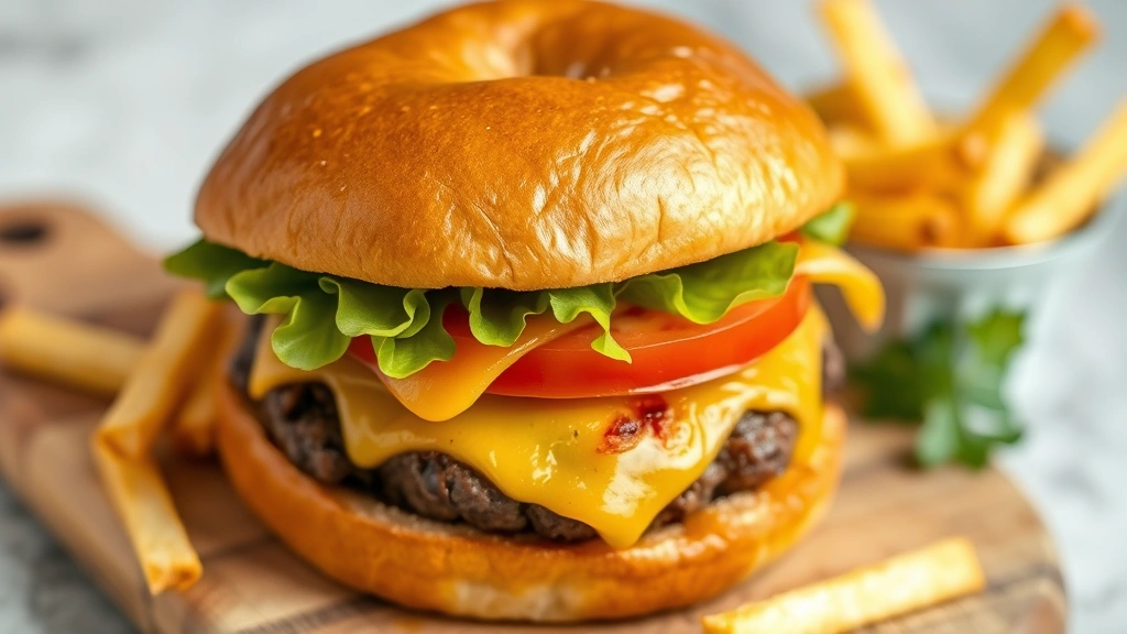 Close-up of a gourmet burger on artisanal brioche bun with melted cheese, fresh lettuce, tomato slice, golden-brown exterior, golden fries alongside on wooden board