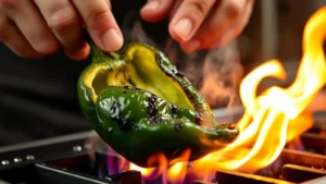 Charred poblano pepper being peeled over flame, revealing tender green flesh, steam rising, professional kitchen lighting, close-up detail of hands and pepper