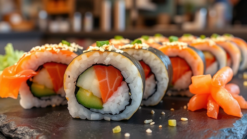 Close-up of fresh sushi rolls with vibrant colors - salmon, avocado, cucumber, and sesame seeds arranged on dark slate with wasabi and pickled ginger, restaurant counter background