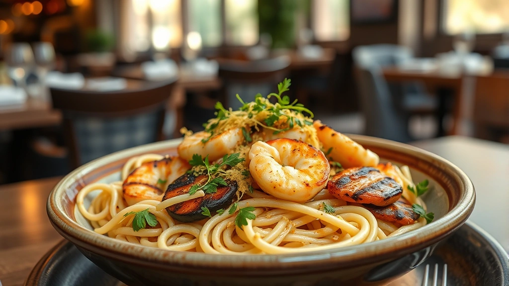 Elegantly presented Mediterranean seafood pasta with fresh herbs, olive oil, lemon zest, and grilled vegetables on rustic ceramic bowl, natural warm lighting, soft-focused restaurant ambiance