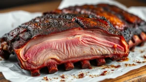 Perfectly smoked Memphis ribs with crispy bark, pink smoke ring visible in cross-section, resting on white butcher paper with scattered hickory smoke wisps, shallow depth of field highlighting meat texture