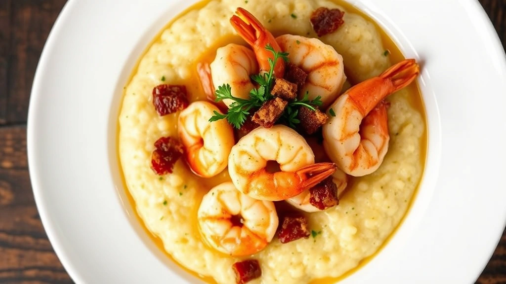 Overhead shot of upscale plated shrimp and grits with creamy cheese grits base, sautéed Gulf shrimp in pan sauce, crispy bacon crumbles, fresh herbs garnish, elegant white plate against dark wood table