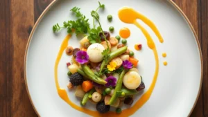 Overhead shot of artisanal plated farm-to-table dish featuring seasonal vegetables, micro herbs, edible flowers, and artistic sauce swipes on white ceramic plate, professional restaurant photography