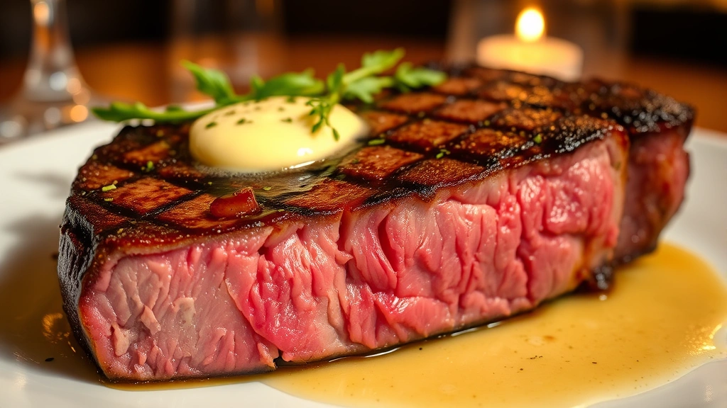 Close-up of perfectly seared prime rib steak showing caramelized crust and pink medium-rare interior, resting on white plate with herb butter melting on top, warm restaurant lighting