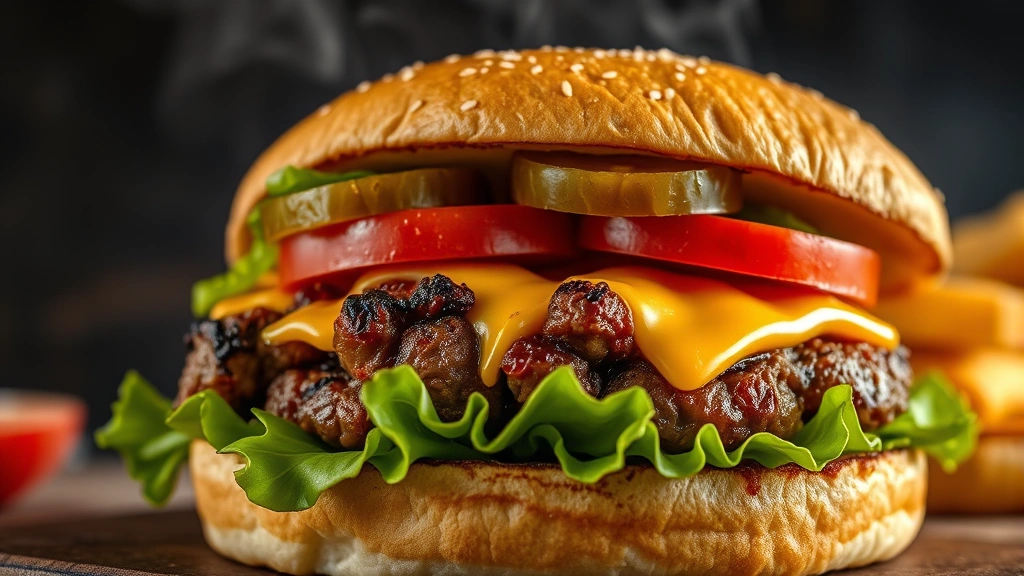 Close-up of flame-grilled burger with caramelized beef patty, melted cheese, fresh lettuce, ripe tomato, crispy pickles on toasted bun, steam rising, professional food photography lighting