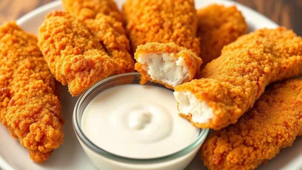 Hand-breaded golden-brown chicken tenders arranged on white plate with crispy exterior shattering, revealing juicy white meat interior, accompanied by ranch dipping sauce in small bowl, appetizing food styling