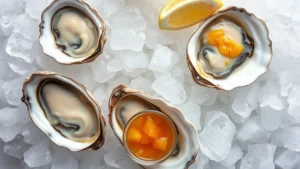 Overhead view of pristine raw oysters on crushed ice with sea salt crystals, briny ocean water visible in shells, garnished with fresh lemon wedges and mignonette sauce