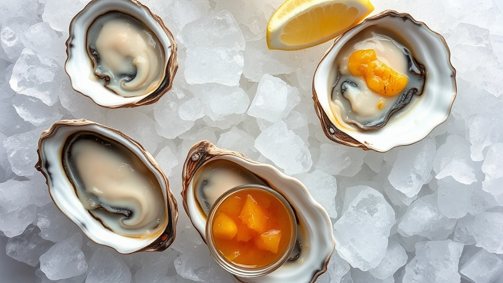 Overhead view of pristine raw oysters on crushed ice with sea salt crystals, briny ocean water visible in shells, garnished with fresh lemon wedges and mignonette sauce