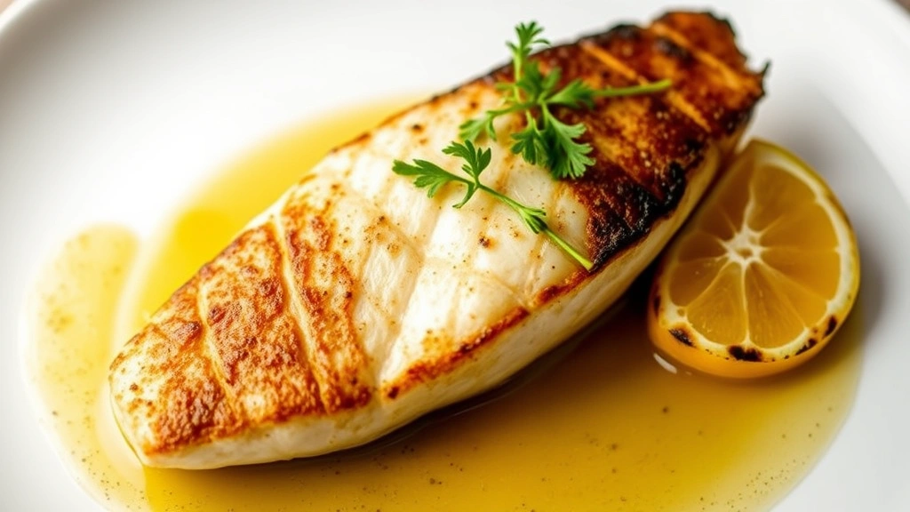 Perfectly seared Gulf grouper fillet with crispy golden skin, brown butter sauce pooling underneath, charred lemon wedges and microgreens on white ceramic plate